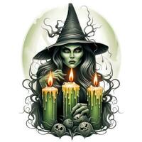 bruja velas retrato Víspera de Todos los Santos ilustración de miedo horror diseño tatuaje vector aislado fantasía foto