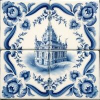 retro Clásico florido ornamento loseta vidriado portugués mosaico modelo floral azul cuadrado Arte foto