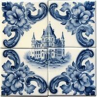 retro vintage ornate ornament tile glazed portuguese mosaic pattern floral blue square art photo