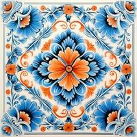 retro vintage ornate ornament tile glazed portuguese mosaic pattern floral blue square art photo