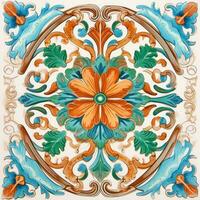 retro vintage ornate ornament tile glazed portuguese mosaic pattern floral blue square art photo