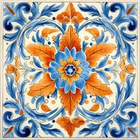 retro vintage ornate ornament tile glazed portuguese mosaic pattern floral blue square art photo