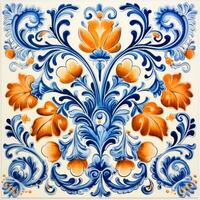 retro vintage ornate ornament tile glazed portuguese mosaic pattern floral blue square art photo