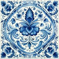 retro vintage ornate ornament tile glazed portuguese mosaic pattern floral blue square art photo