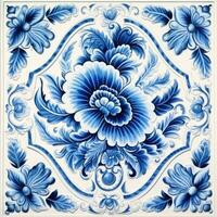 retro vintage ornate ornament tile glazed portuguese mosaic pattern floral blue square art photo