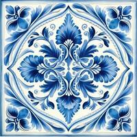 retro vintage ornate ornament tile glazed portuguese mosaic pattern floral blue square art photo