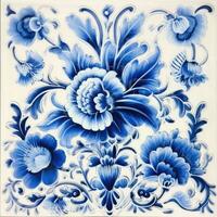 retro vintage ornate ornament tile glazed portuguese mosaic pattern floral blue square art photo