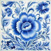 retro vintage ornate ornament tile glazed portuguese mosaic pattern floral blue square art photo