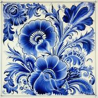 retro vintage ornate ornament tile glazed portuguese mosaic pattern floral blue square art photo