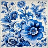 retro vintage ornate ornament tile glazed portuguese mosaic pattern floral blue square art photo