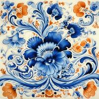 retro vintage ornate ornament tile glazed portuguese mosaic pattern floral blue square art photo