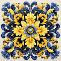 retro vintage ornate ornament tile glazed portuguese mosaic pattern floral blue square art photo