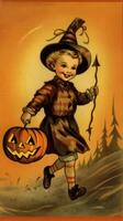 vintage retro children book postcard illustration 1950s scary halloween costume smile witch photo