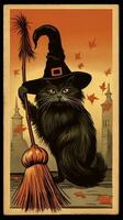 cat siting pumpkin vintage retro book postcard illustration 1950s scary halloween costume hat photo