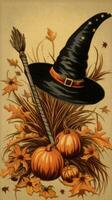 hat broom vintage retro book postcard illustration 1950s scary halloween costume smile witch photo