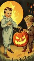 Clásico retro niños libro tarjeta postal ilustración 1950s de miedo Víspera de Todos los Santos disfraz sonrisa bruja foto