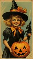 woman female witch vintage retro book postcard illustration 1950s scary halloween costume smile photo