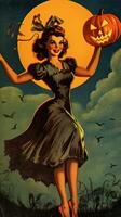 mujer hembra bruja Clásico retro libro tarjeta postal ilustración 1950s de miedo Víspera de Todos los Santos disfraz sonrisa foto
