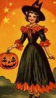 woman female witch vintage retro book postcard illustration 1950s scary halloween costume smile photo