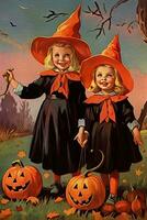 vintage retro children book postcard illustration 1950s scary halloween costume smile witch photo