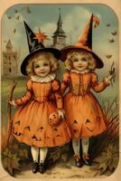 vintage retro children book postcard illustration 1950s scary halloween costume smile witch photo