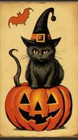 cat siting pumpkin vintage retro book postcard illustration 1950s scary halloween costume hat photo