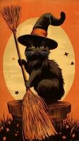 cat siting pumpkin vintage retro book postcard illustration 1950s scary halloween costume hat photo