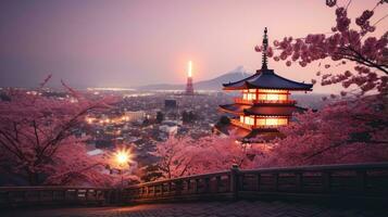 japan zen landscape panorama view photography Sakura flowers pagoda peace silence tower wall photo