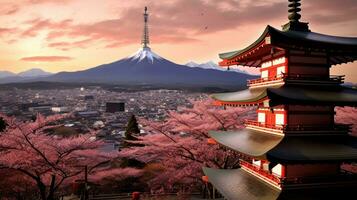 Japón zen paisaje panorama ver fotografía sakura flores pagoda paz silencio torre pared foto