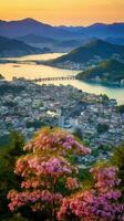 Japón zen puente paisaje panorama ver fotografía sakura flores pagoda paz silencio torre pared foto