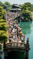 japan zen bridge landscape panorama view photography Sakura flowers pagoda peace silence tower wall photo