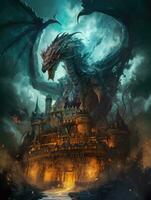 ancient city dragon castle game tattoo epic dark fantasy illustration art scary poster oil painting photo
