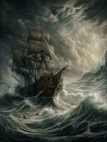 ship sea wave epic dark fantasy illustration art scary detailed poster oil painting apocalypse photo