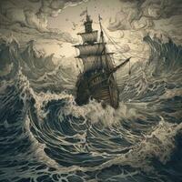 ship sea wave epic dark fantasy illustration art scary detailed poster oil painting apocalypse photo