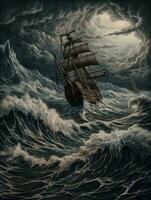 ship sea wave epic dark fantasy illustration art scary detailed poster oil painting apocalypse photo