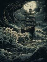 ship sea wave epic dark fantasy illustration art scary detailed poster oil painting apocalypse photo