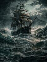 ship sea wave epic dark fantasy illustration art scary detailed poster oil painting apocalypse photo