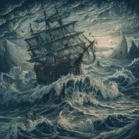 ship sea wave epic dark fantasy illustration art scary detailed poster oil painting apocalypse photo