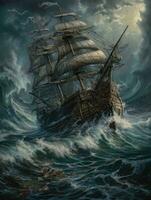 ship sea wave epic dark fantasy illustration art scary detailed poster oil painting apocalypse photo