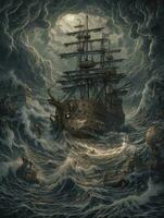 ship sea wave epic dark fantasy illustration art scary detailed poster oil painting apocalypse photo