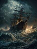 ship sea wave epic dark fantasy illustration art scary detailed poster oil painting apocalypse photo