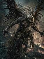 demon flying tyrael game tattoo epic dark fantasy illustration art scary poster oil painting photo