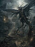 demon flying tyrael game tattoo epic dark fantasy illustration art scary poster oil painting photo