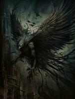 demon flying tyrael game tattoo epic dark fantasy illustration art scary poster oil painting photo