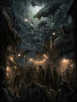 ancient city tomb castle game tattoo epic dark fantasy illustration art scary poster oil painting photo