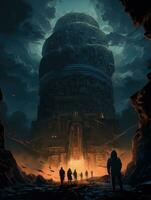 tomb ruins demonic landscape epic dark fantasy illustration art scary poster oil painting darkness photo