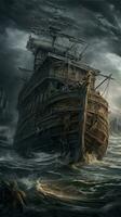 ship sea wave epic dark fantasy illustration art scary detailed poster oil painting apocalypse photo
