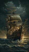 ship sea wave epic dark fantasy illustration art scary detailed poster oil painting apocalypse photo