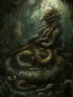 god snake demon game tattoo epic dark fantasy illustration art scary poster oil painting photo