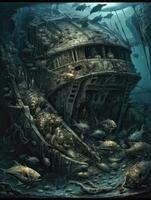 underwater ship destroyed dark fantasy illustration art scary detailed poster painting apocalypse photo